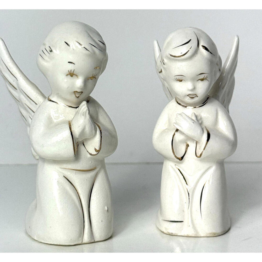 VTG Christmas Ceramic Angels Set 2 Japan Commodore White Gold Trim Mini Manger